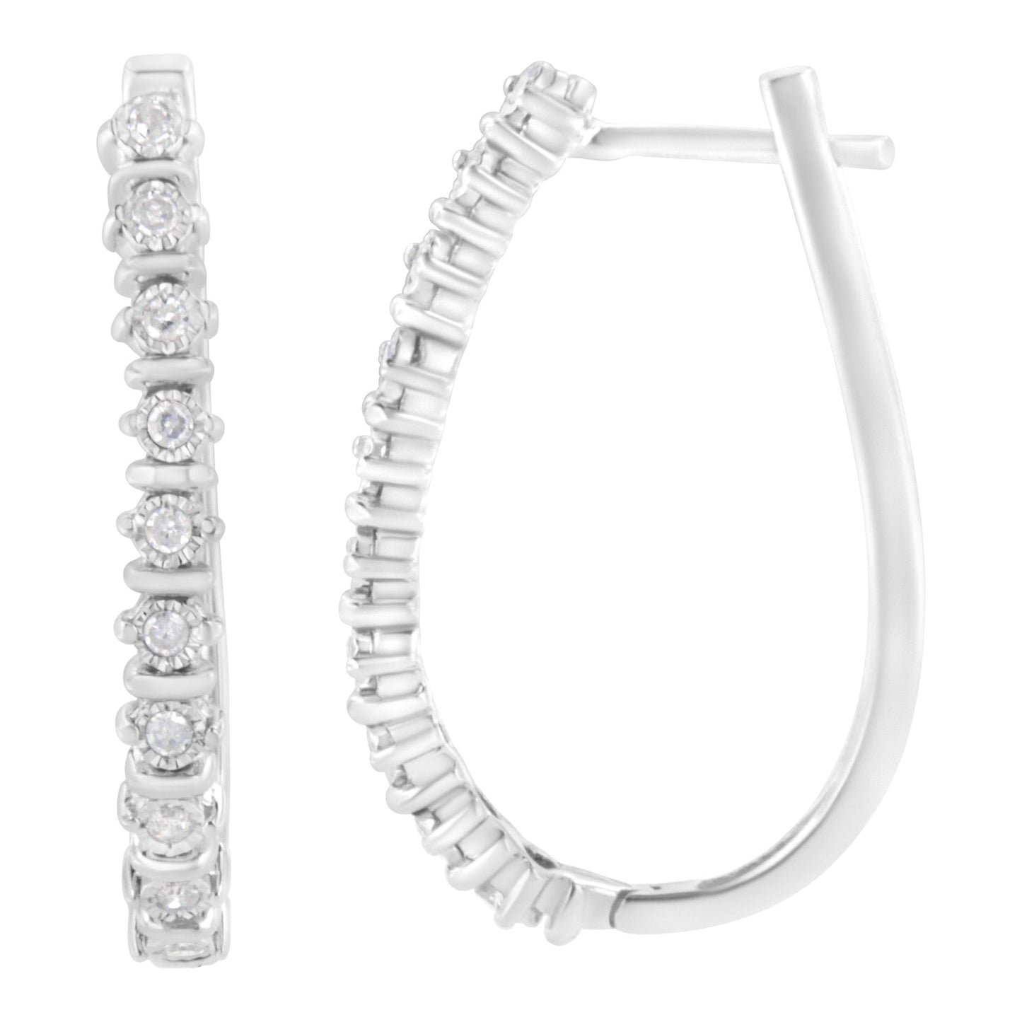 Close-up front and side view of white metal hoop earrings with round white gemstones in a miracle setting along the front edge.