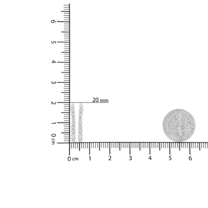 Pair of white metal earrings with round white gemstones in miracle setting, shown on a ruler and scale for size reference, front-facing angle.