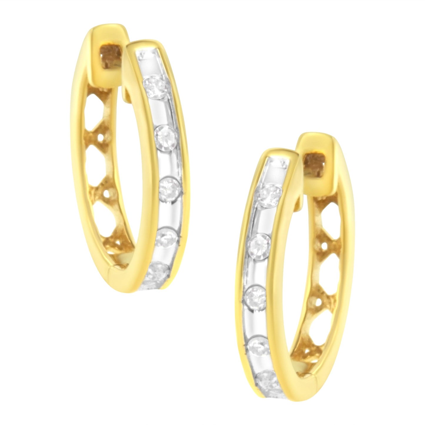 Pair of yellow metal hoop earrings with channel-set round white gemstones, shown from a front angled view.