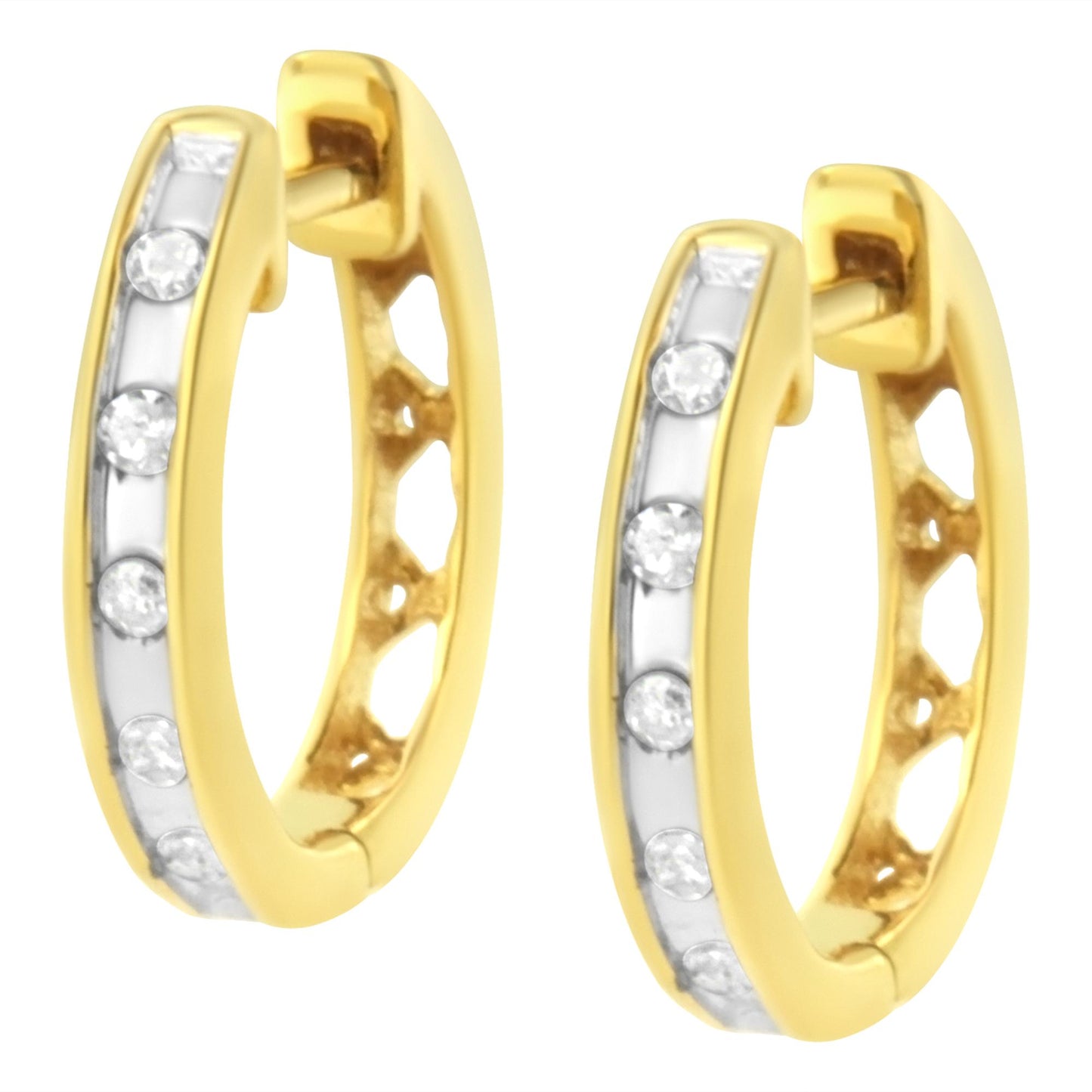 Pair of yellow metal hoop earrings with channel-set round white gemstones, front angled view.