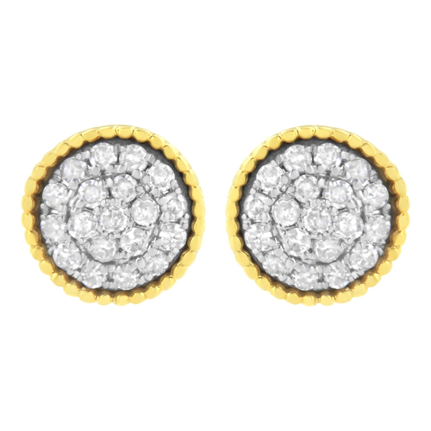 Front view of round stud earrings with white gemstones in a prong setting, surrounded by yellow metal scalloped edges.