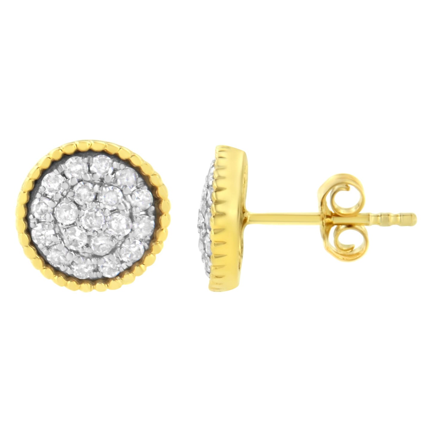 Close-up front and side view of yellow and white metal round stud earrings with multiple small white gemstones in prong setting.