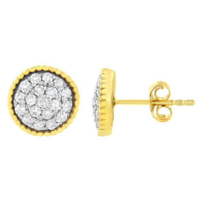 Close-up front and side view of yellow and white metal round stud earrings with multiple small white gemstones in prong setting.