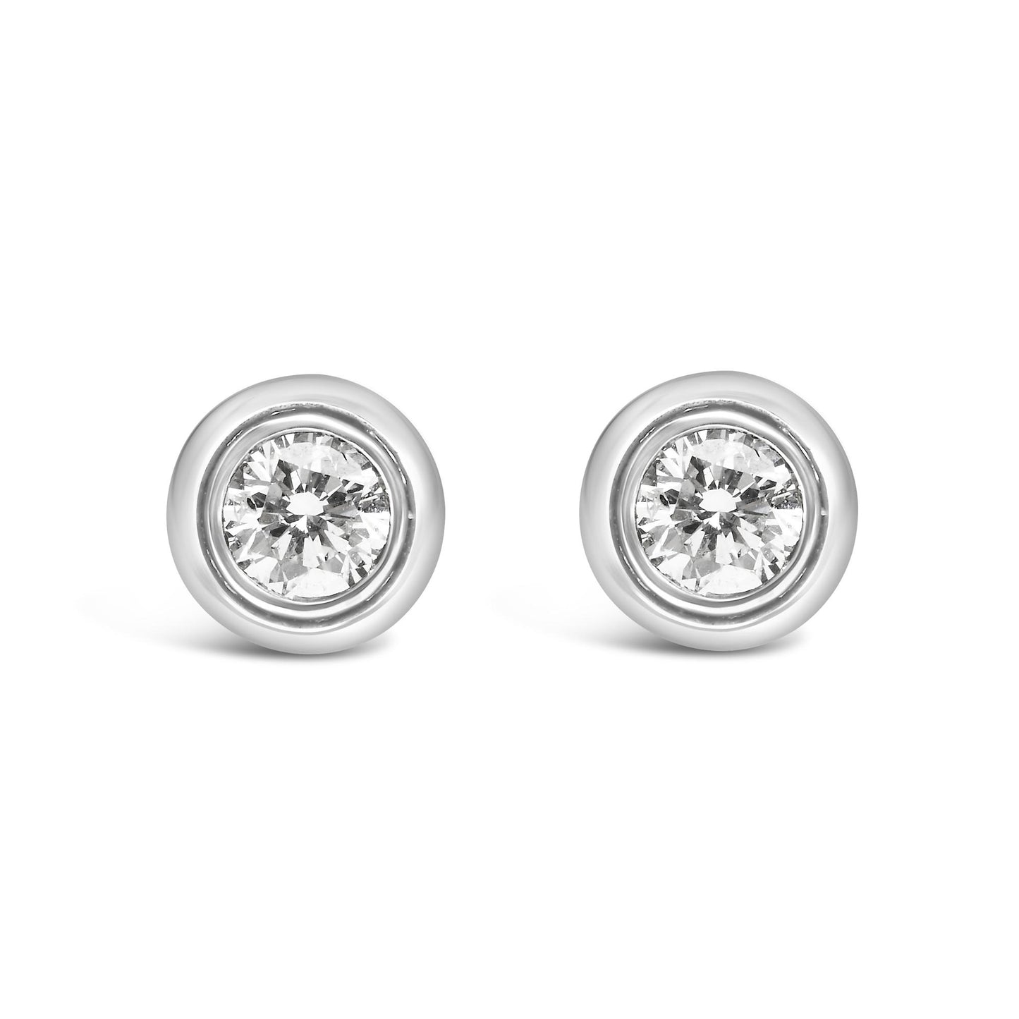 Front view of white metal round bezel-set earrings with white gemstones.