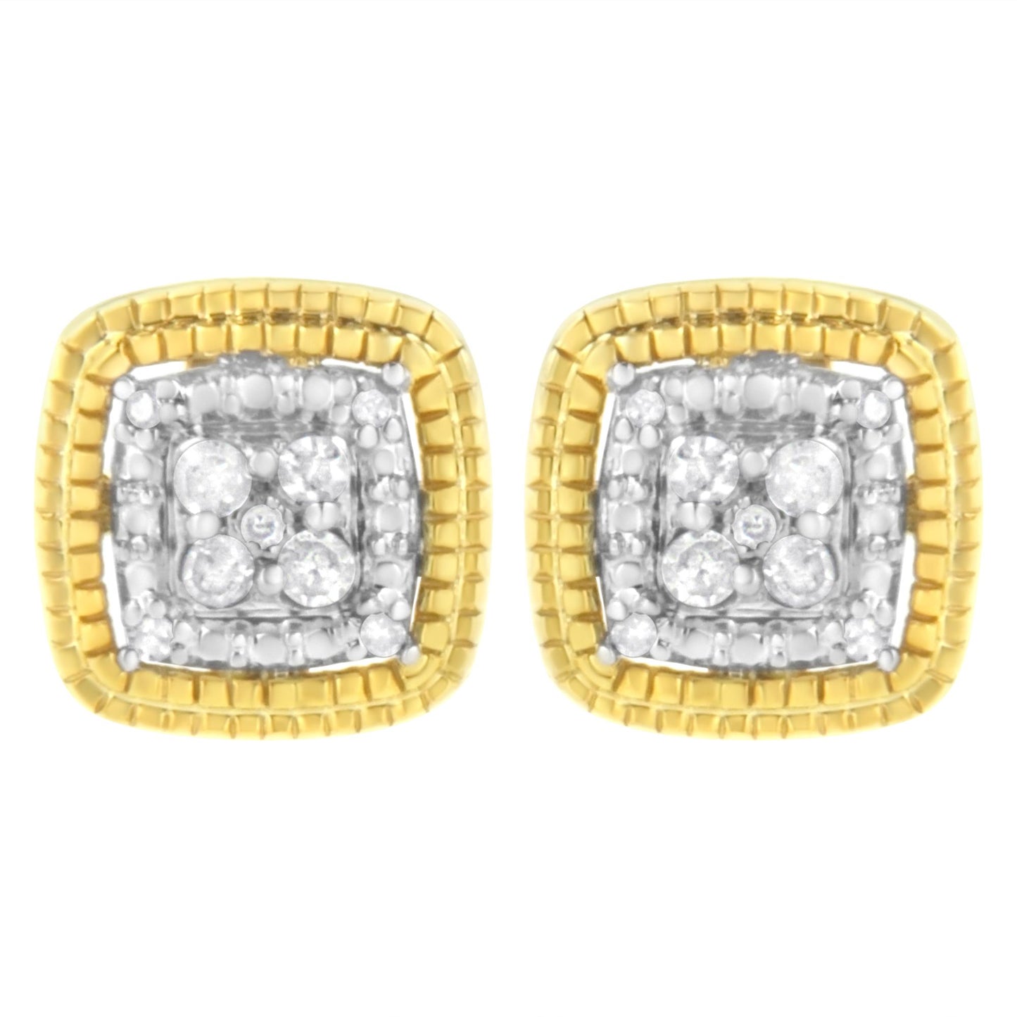 Front view of square-shaped earrings with yellow and white metal, featuring round white gemstones in prong settings.
