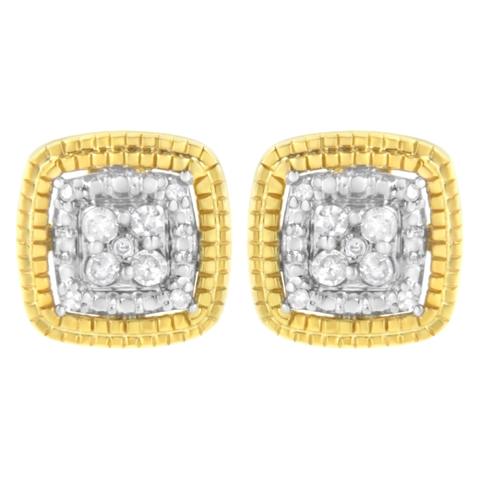 Front view of square-shaped earrings with yellow and white metal, featuring round white gemstones in prong settings.