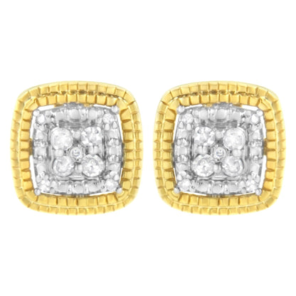 Front view of square-shaped earrings with yellow and white metal, featuring round white gemstones in prong settings.