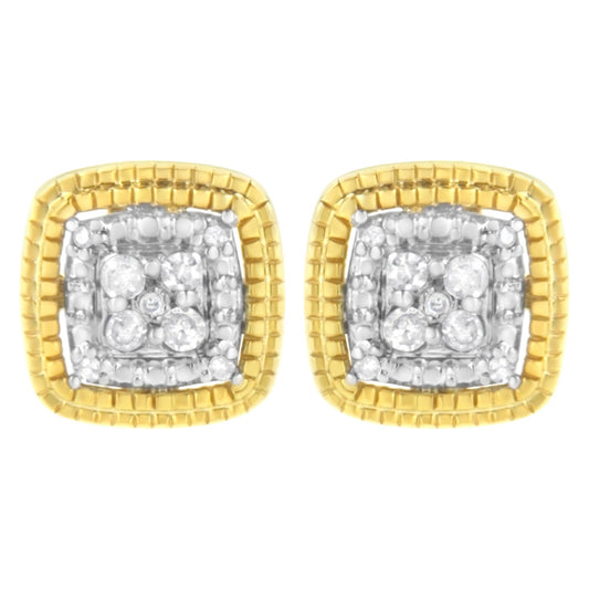 Front view of square-shaped earrings with yellow and white metal, featuring round white gemstones in prong settings.