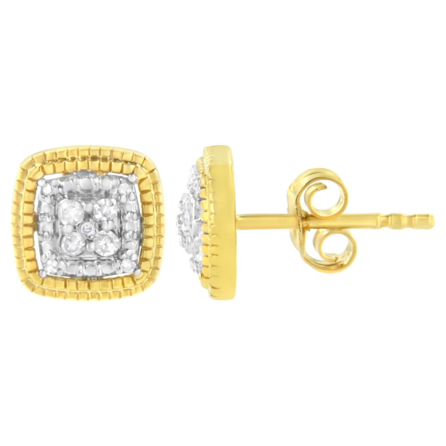 Square-shaped stud earrings with white and yellow metal, featuring multiple round white gemstones in prong settings, side and front view on a white background.