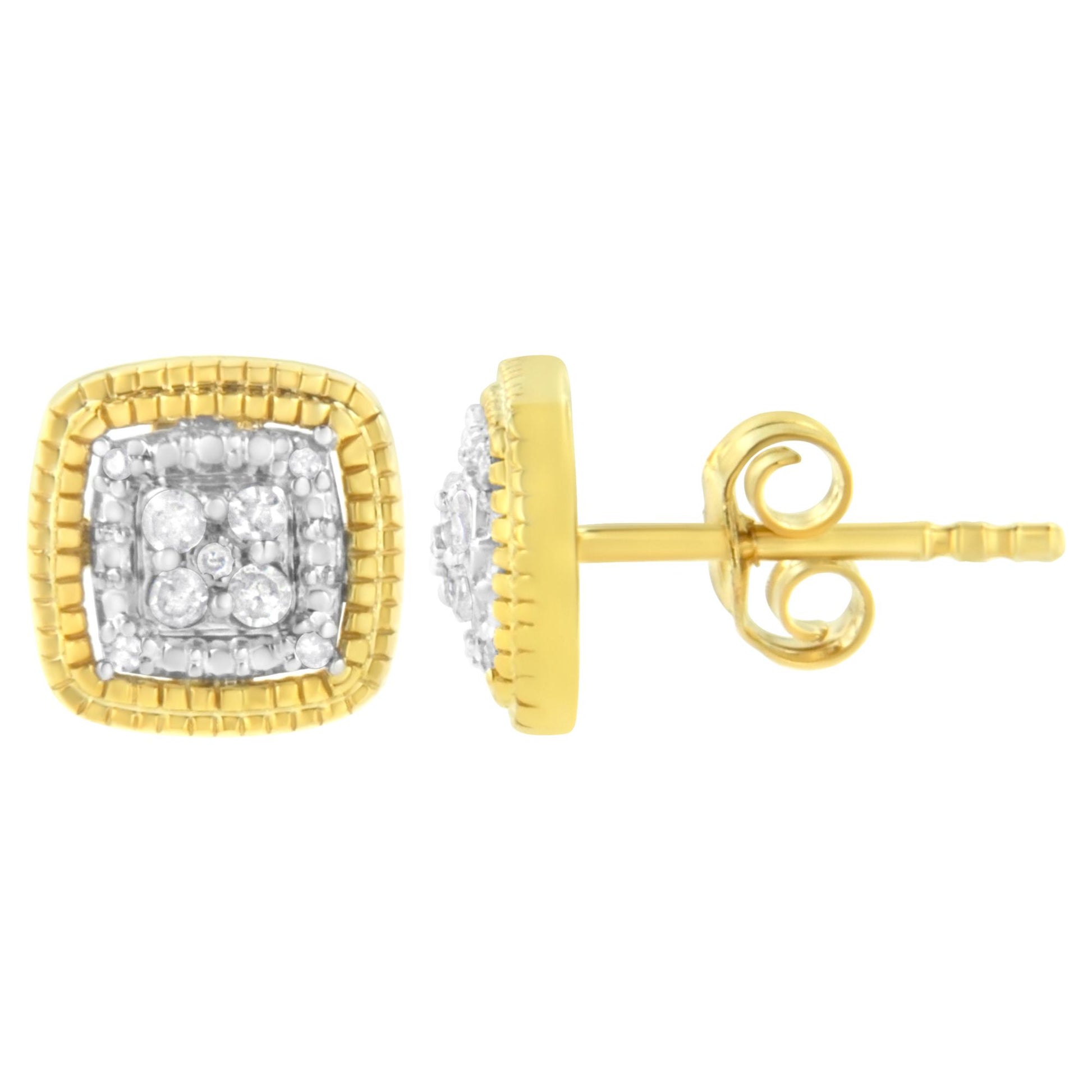 Square-shaped stud earrings with white and yellow metal, featuring multiple round white gemstones in prong settings, side and front view on a white background.