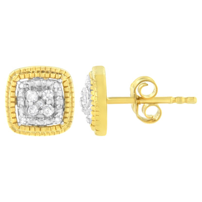 Square-shaped stud earrings with white and yellow metal, featuring multiple round white gemstones in prong settings, side and front view on a white background.
