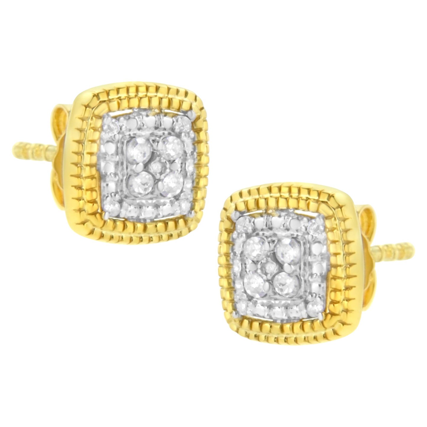 Pair of square yellow and white metal stud earrings with round white gemstones set in prong settings, shown from an angled front view.