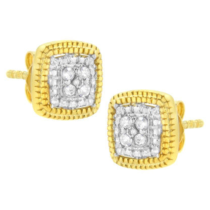 Pair of square yellow and white metal stud earrings with round white gemstones set in prong settings, shown from an angled front view.