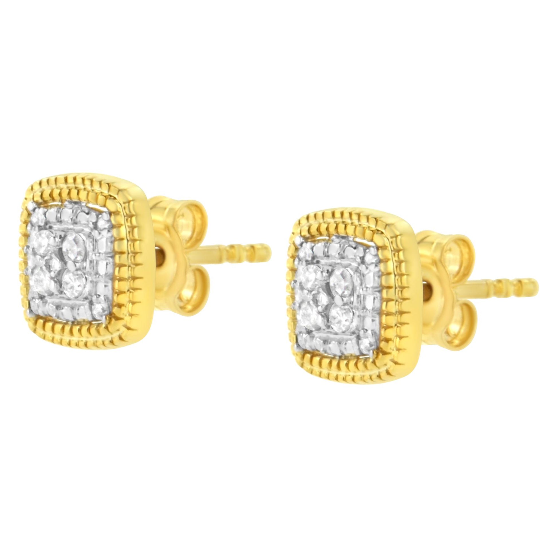 Pair of square-shaped earrings with yellow and white metal, featuring multiple round white gemstones in prong settings, shown from a front angle.