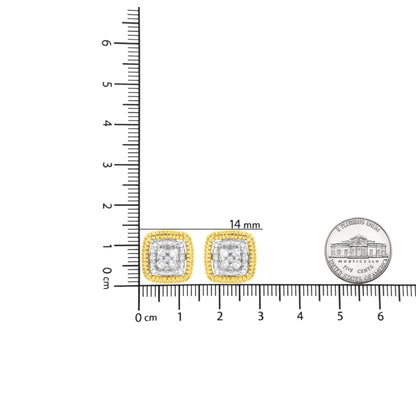 Pair of square-shaped earrings with yellow and white metal and multiple round white gemstones in prong settings, photographed from the front on a ruler for size reference.