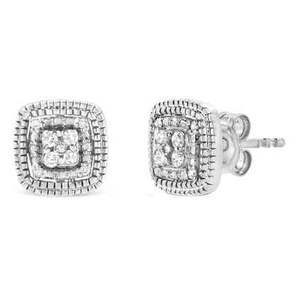 Pair of white metal square-shaped stud earrings with round white gemstones in prong settings, shown from front and side angles.