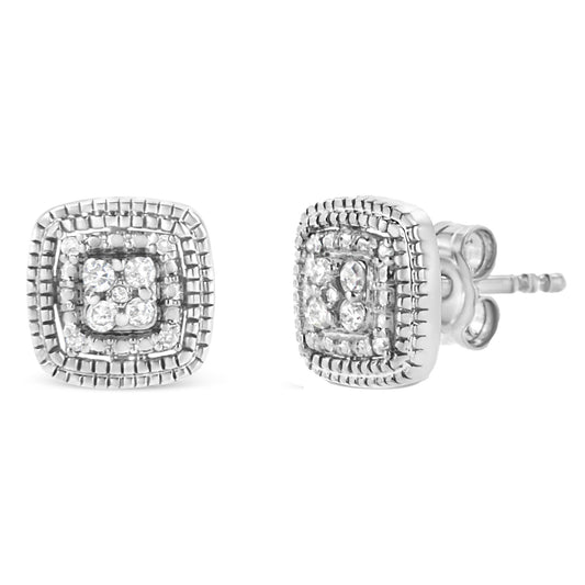 Pair of white metal square-shaped stud earrings with round white gemstones in prong settings, shown from front and side angles.