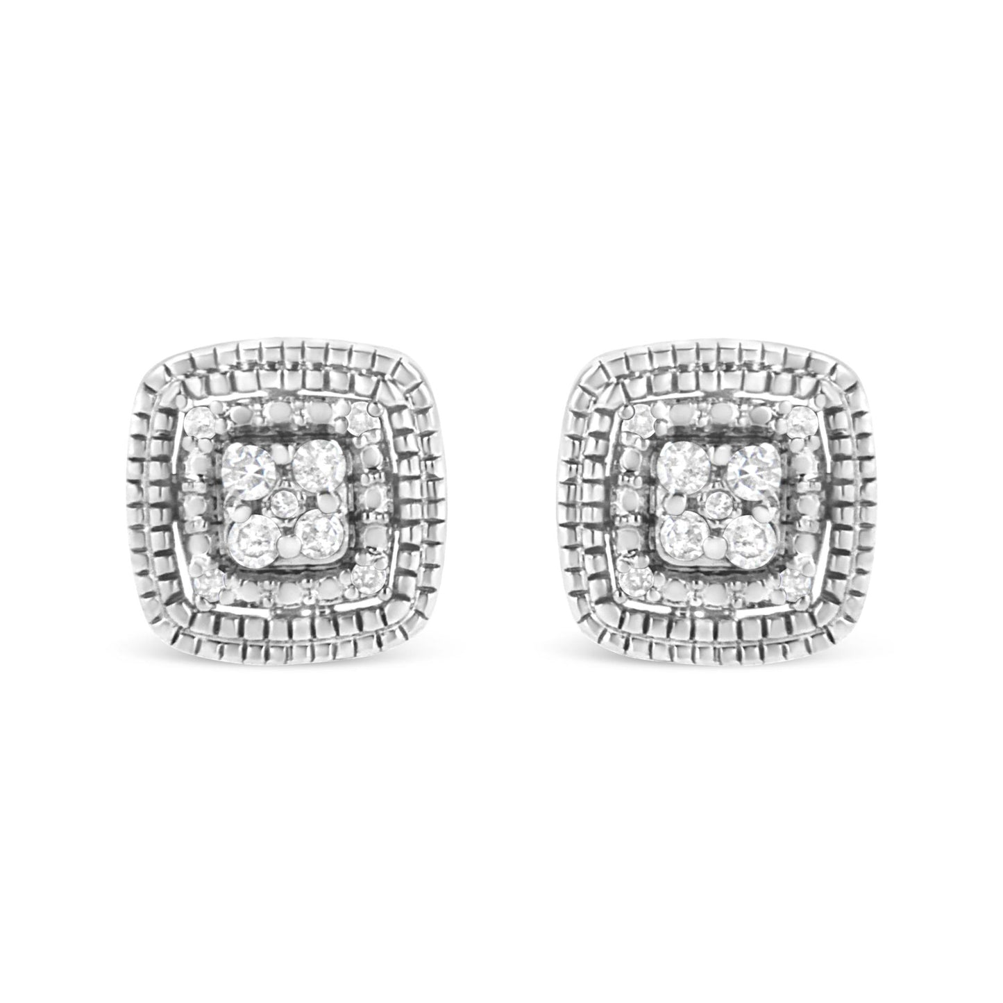 Front angle close-up of a pair of white metal square-shaped stud earrings featuring multiple round white gemstones in prong settings.