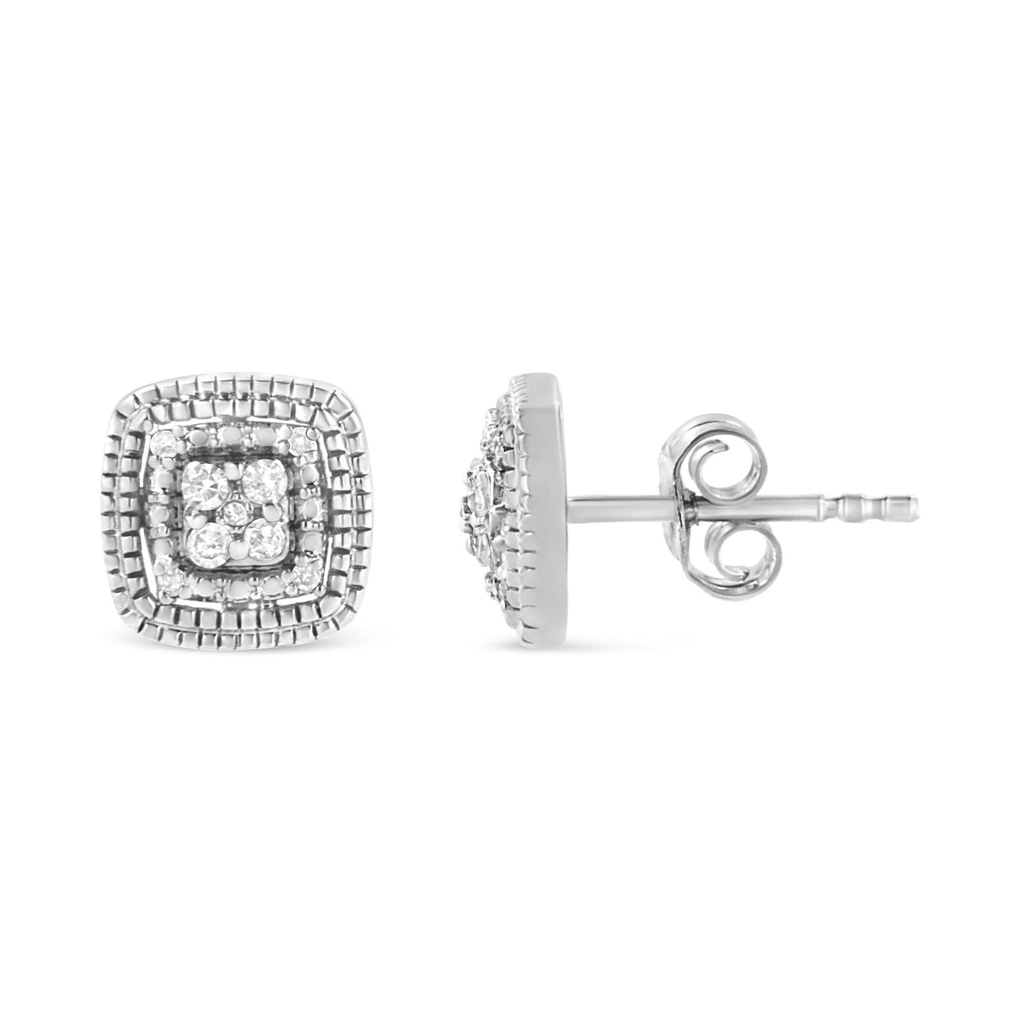 Pair of white metal square-shaped stud earrings with multiple round white gemstones in prong setting, front and side views, on a white background.