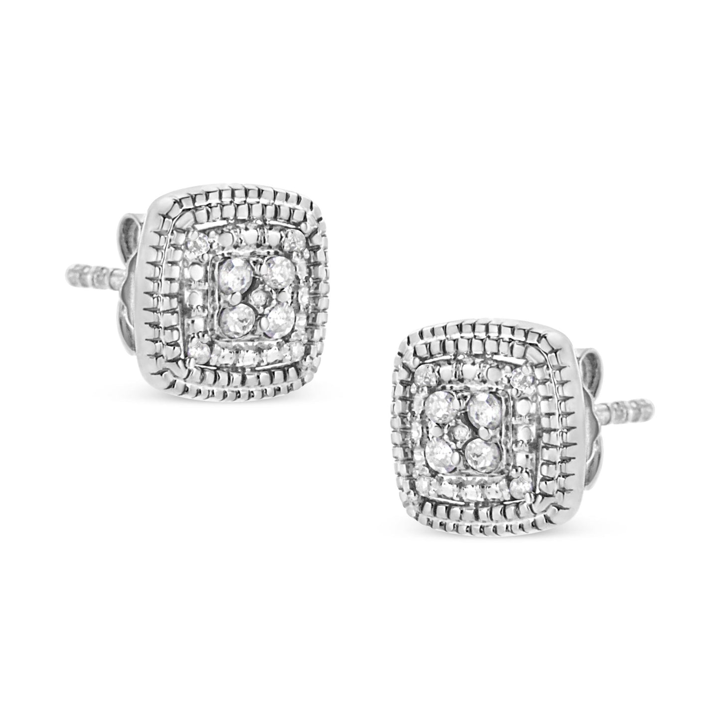 Pair of white metal square-shaped stud earrings with multiple round white gemstones set in prong settings, shown at a slight angle on a white background.