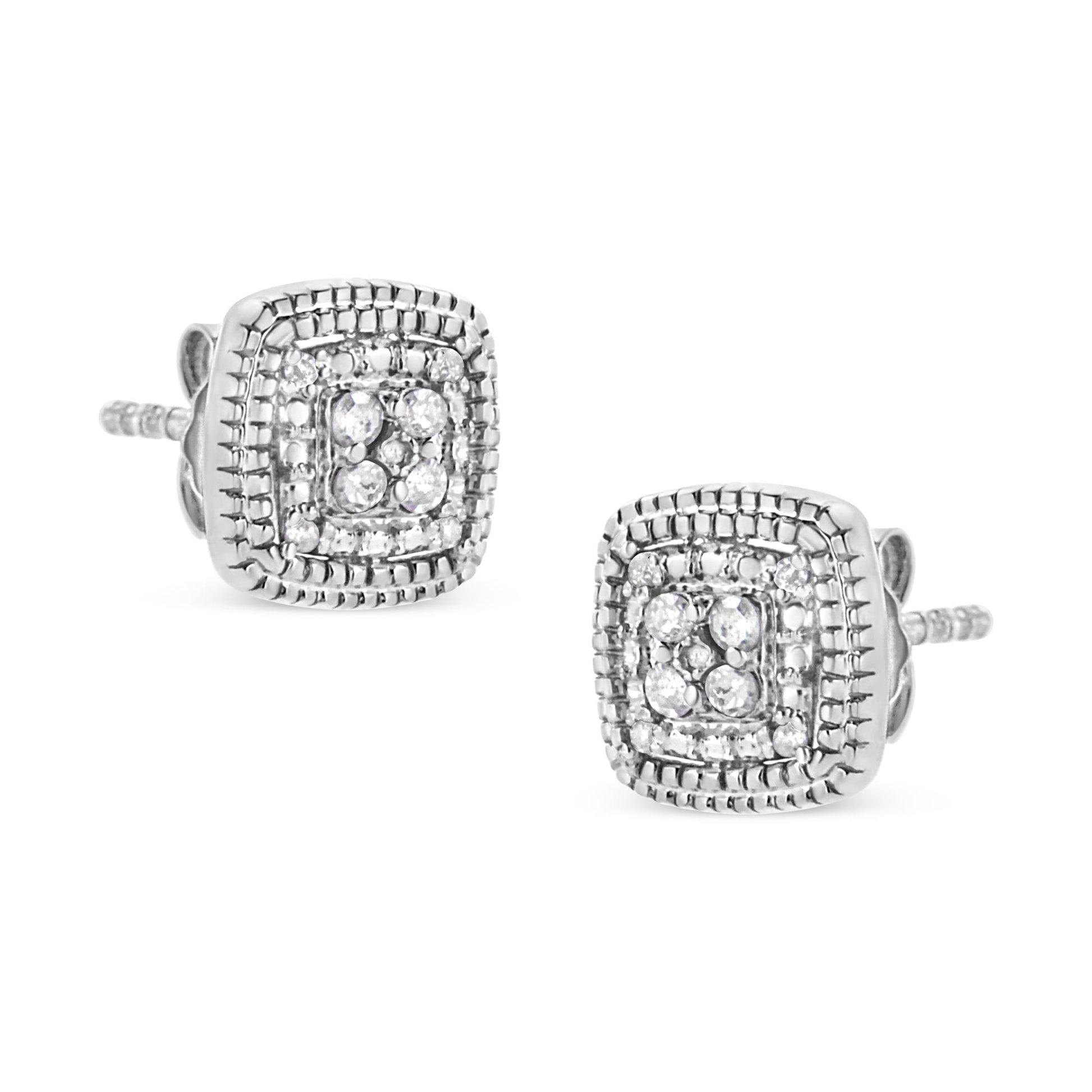 Pair of white metal square-shaped stud earrings with multiple round white gemstones set in prong settings, shown at a slight angle on a white background.