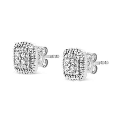 Pair of white metal square-shaped stud earrings with round white gemstones in prong settings, shown from a slight side angle on a white background.