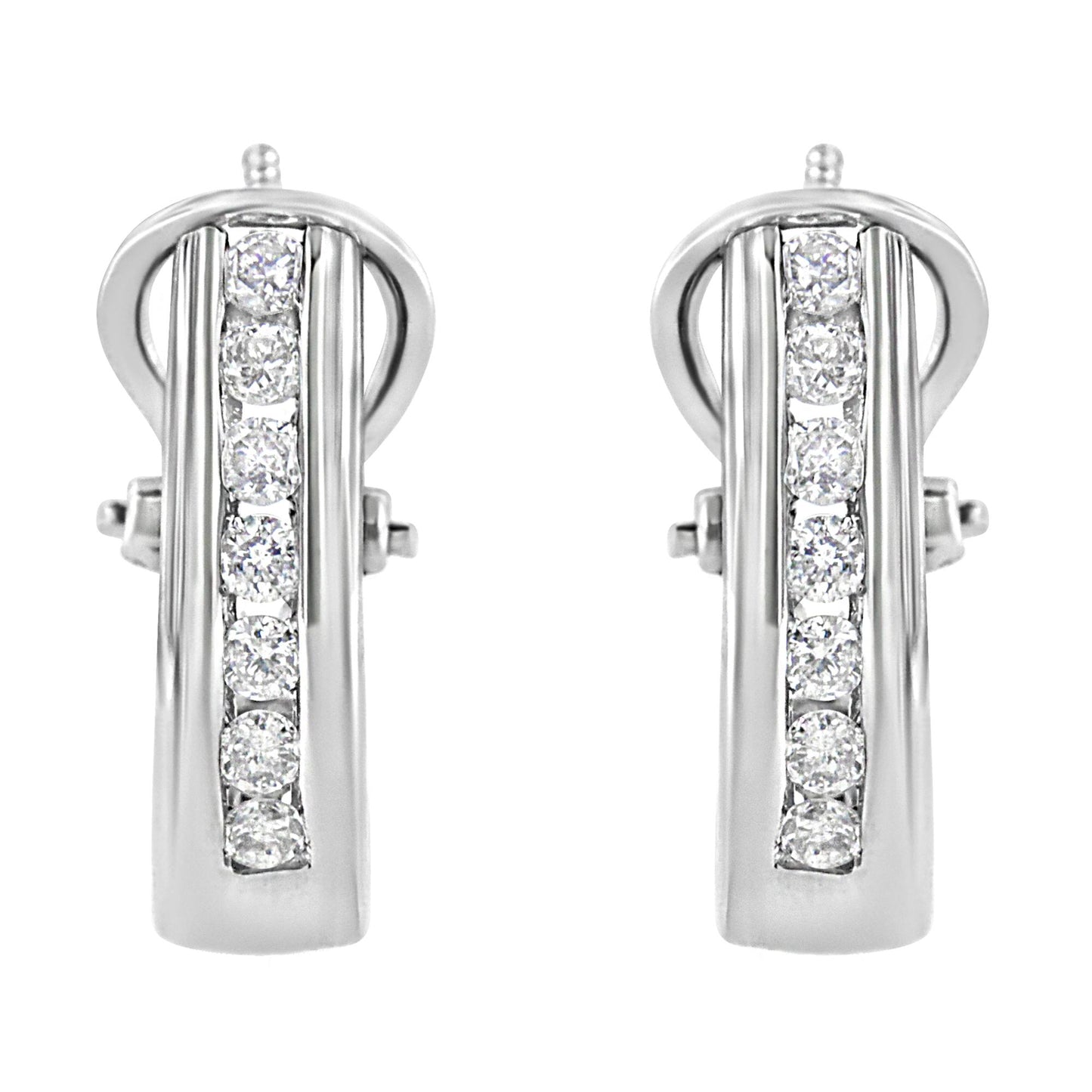 Front-facing view of white metal earrings with a vertical row of round white gemstones in channel setting.