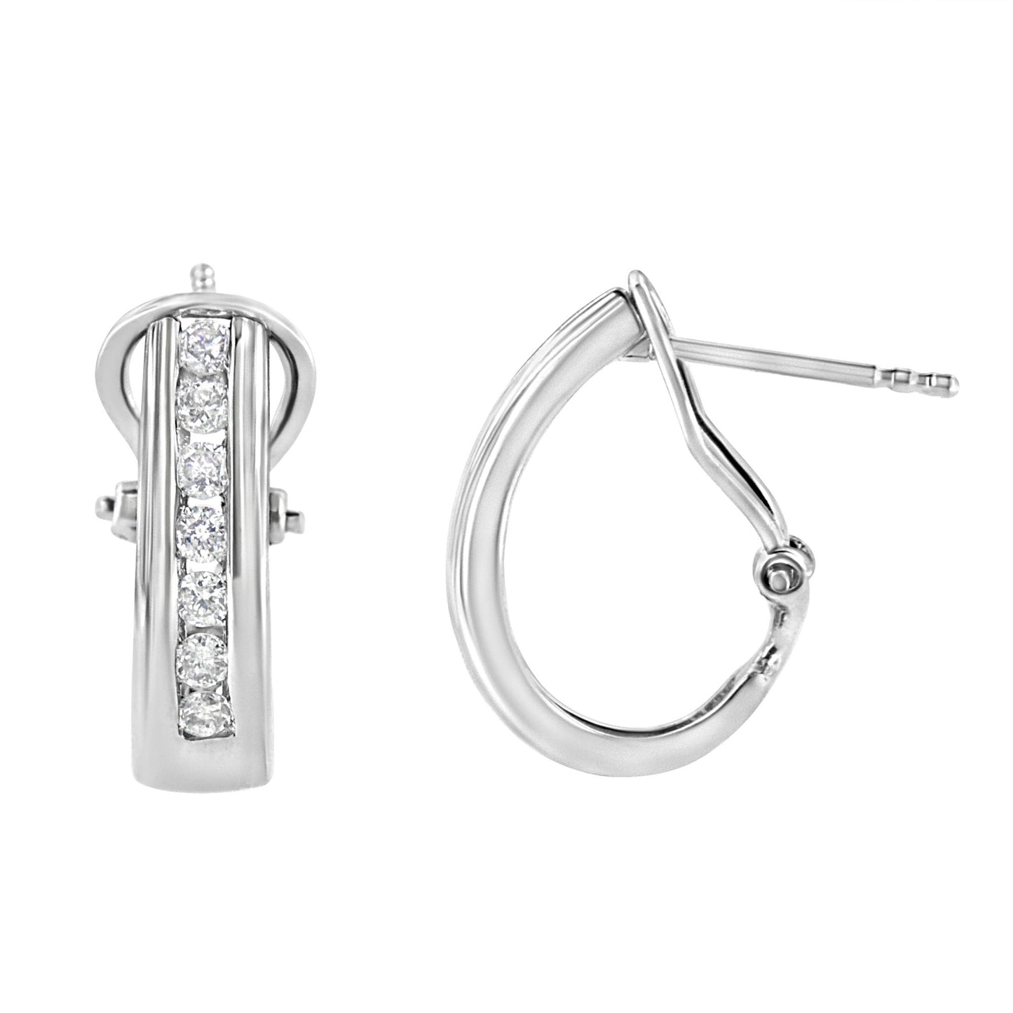 Front and side view of white metal hoop earrings with a channel of round white gemstones set on the front, shot on a white background.