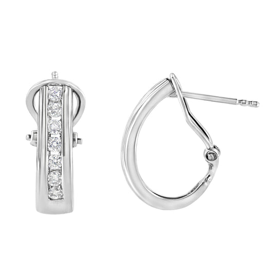 Front and side view of white metal hoop earrings with a channel of round white gemstones set on the front, shot on a white background.