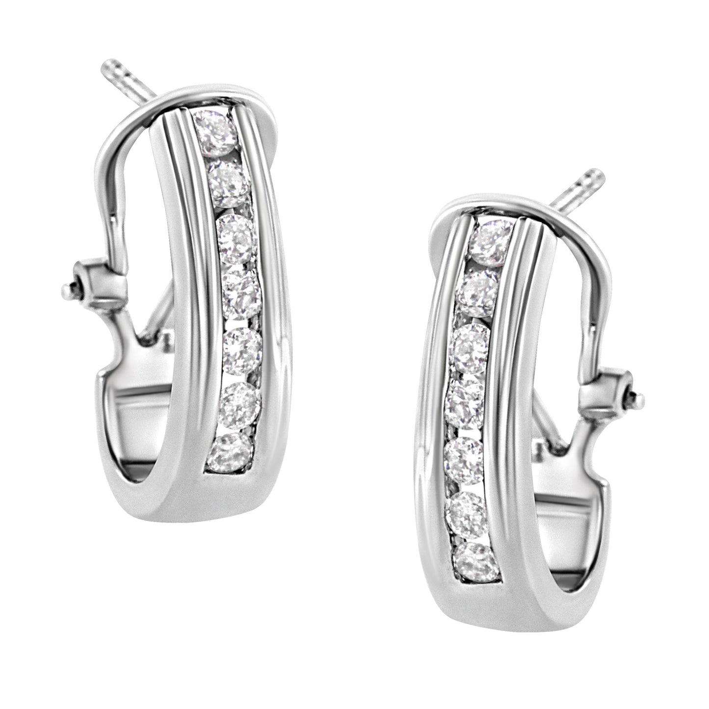 Close-up front angle of white metal earrings featuring a channel setting with multiple round white gemstones.