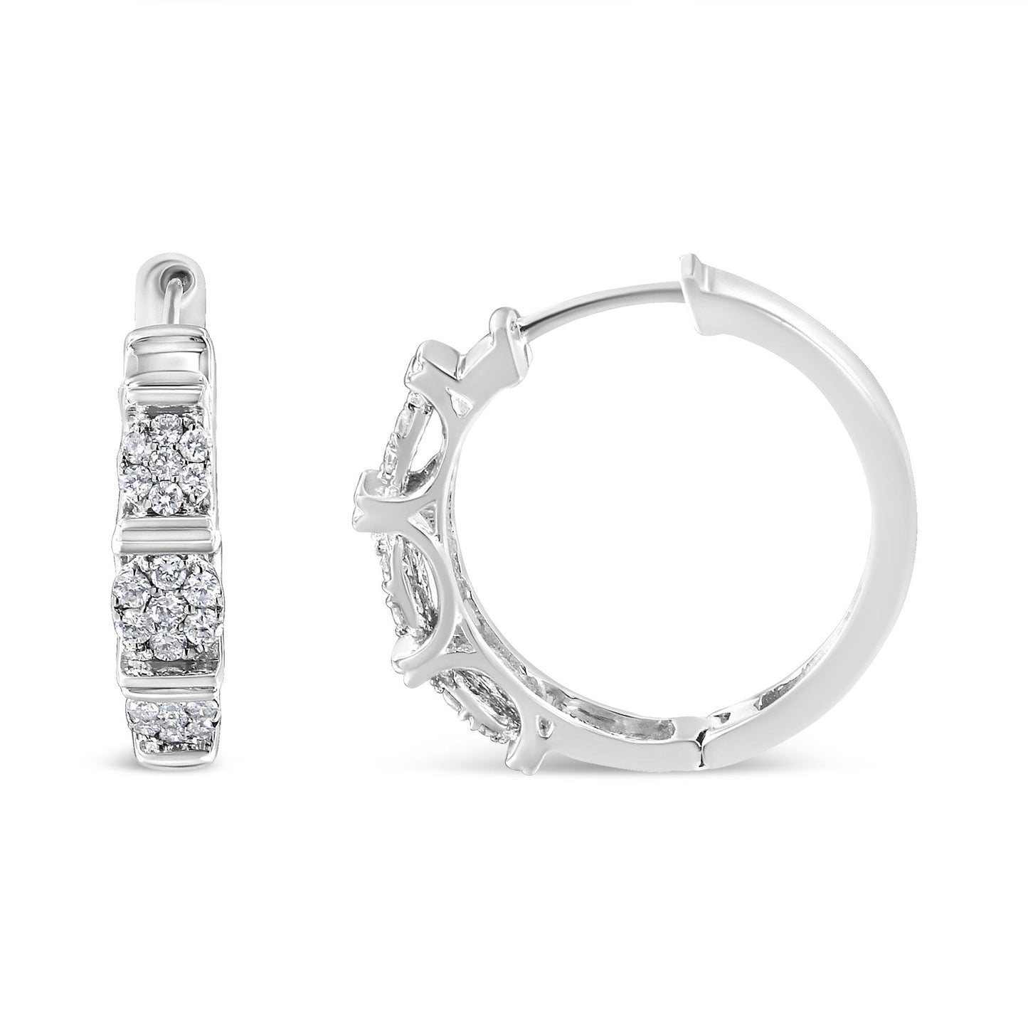 Front and side view of white metal hoop earrings featuring clusters of round white gemstones in prong settings.