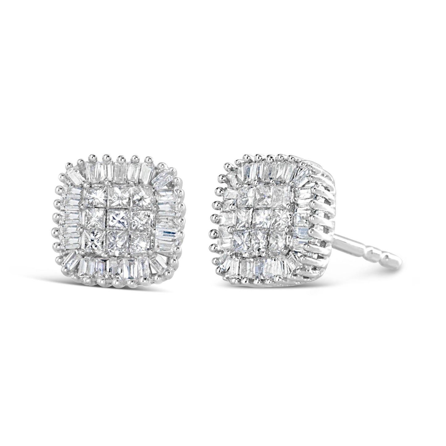 Pair of white metal square-shaped earrings with cluster of princess and baguette cut white gemstones, shown from front and side angle.