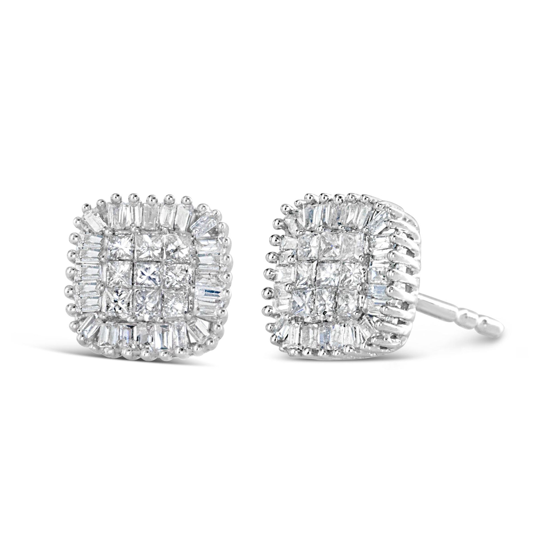 Pair of white metal square-shaped earrings with cluster of princess and baguette cut white gemstones, shown from front and side angle.