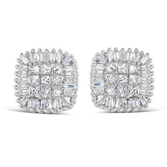 Front-facing view of a pair of white metal square-shaped earrings featuring an inner cluster of princess-cut white gemstones with invisible setting, surrounded by a border of baguette-shaped white gemstones with prong setting.