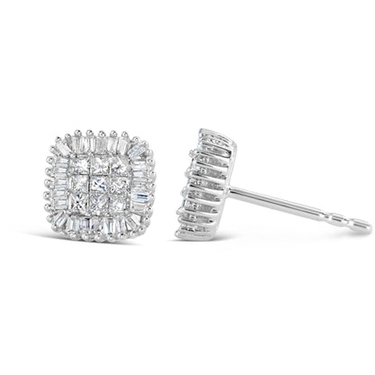 Close-up front and side view of square-shaped white metal stud earrings with center invisible-set princess shape white gemstones and surrounding prong-set baguette shape white gemstones.