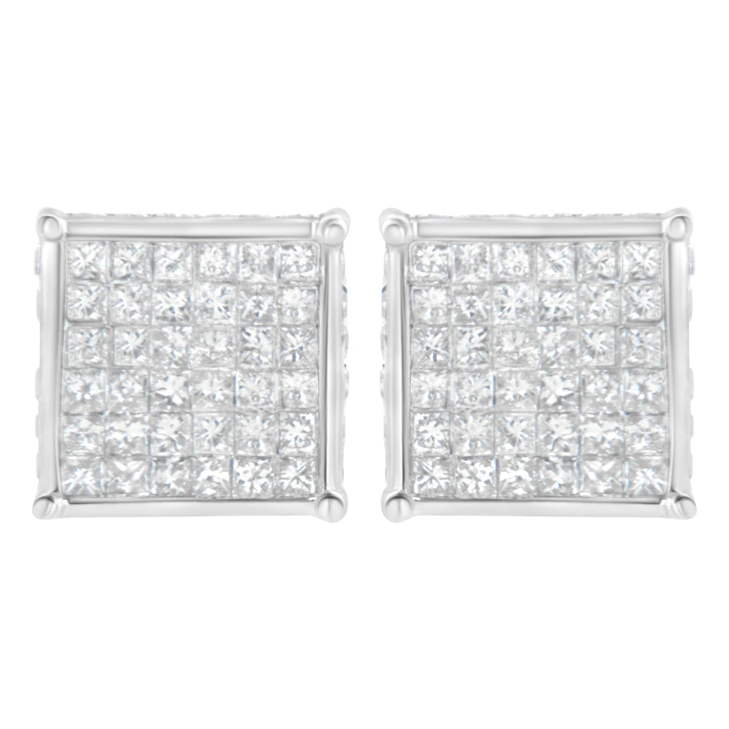 Front view of a pair of white metal square earrings with multiple small princess-shaped gemstones in invisible setting and round gemstones in channel setting.