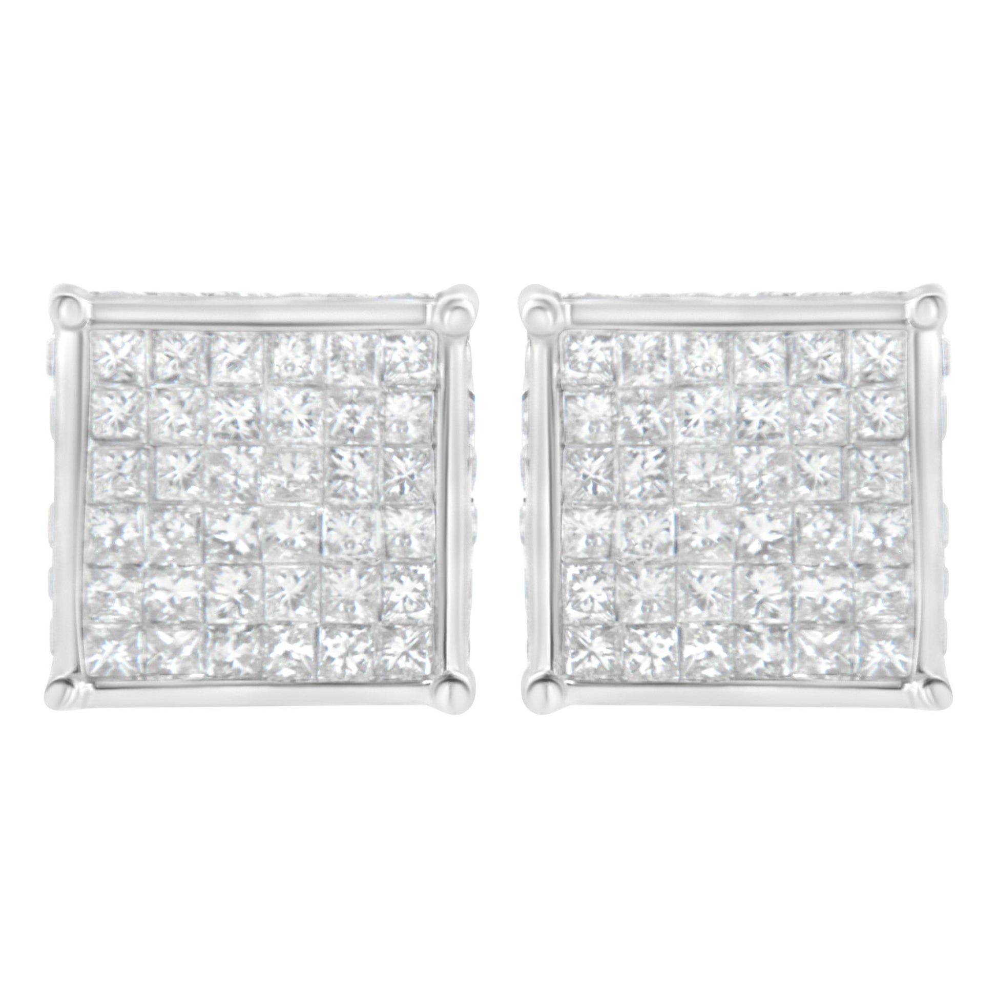 Front view of a pair of white metal square earrings with multiple small princess-shaped gemstones in invisible setting and round gemstones in channel setting.