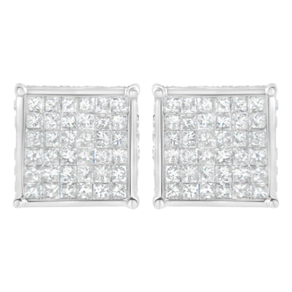 Front view of a pair of white metal square earrings with multiple small princess-shaped gemstones in invisible setting and round gemstones in channel setting.
