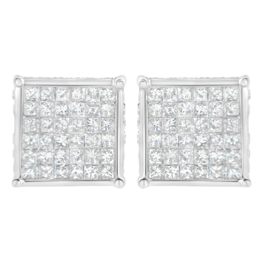 Front view of a pair of white metal square earrings with multiple small princess-shaped gemstones in invisible setting and round gemstones in channel setting.