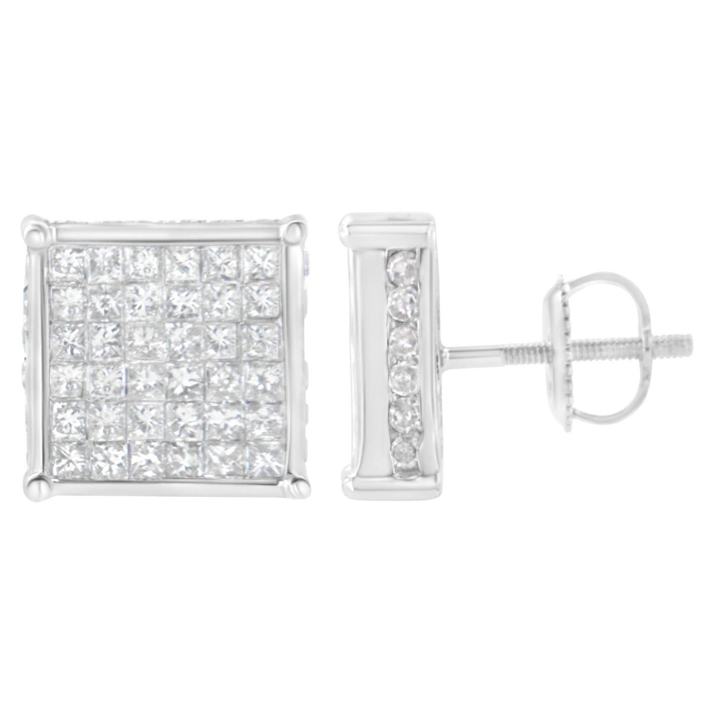 Pair of white metal square stud earrings with multiple small white gemstones in a grid pattern on the front, shown from front and side angles.