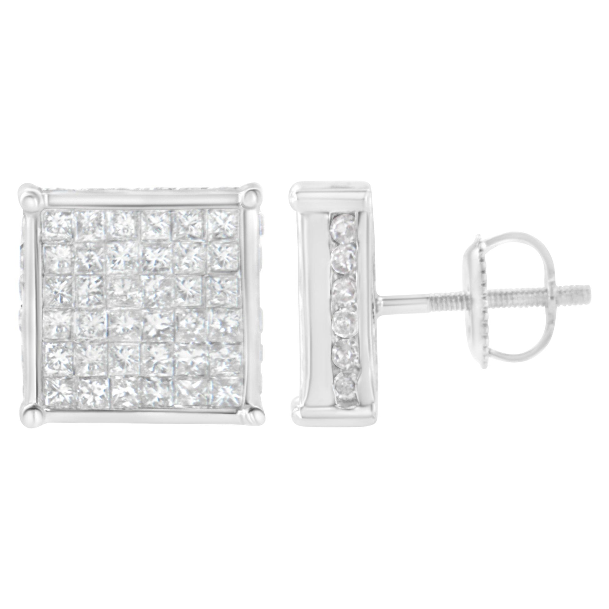 Pair of white metal square stud earrings with multiple small white gemstones in a grid pattern on the front, shown from front and side angles.