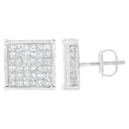 Pair of white metal square stud earrings with multiple small white gemstones in a grid pattern on the front, shown from front and side angles.