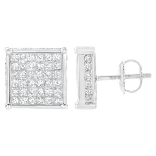 Pair of white metal square stud earrings with multiple small white gemstones in a grid pattern on the front, shown from front and side angles.