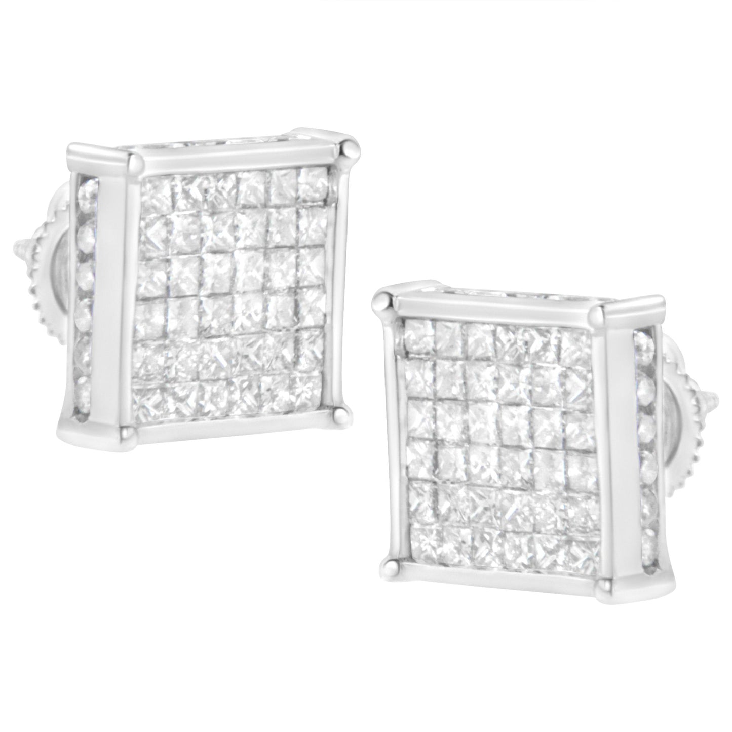 Front angled view of white metal square earrings featuring princess shape gemstones in invisible setting on the face and round shape gemstones in channel setting on the sides.