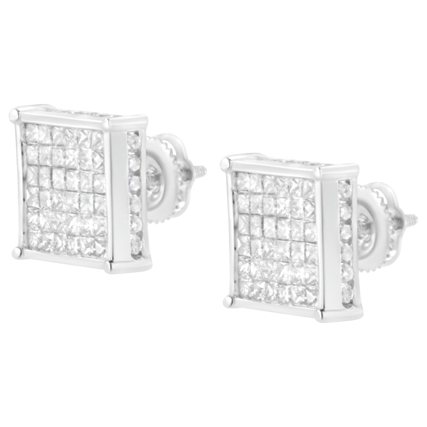 Pair of white metal square earrings with princess-shaped gemstones in an invisible setting and round gemstones in a channel setting, shown from an angled front view.