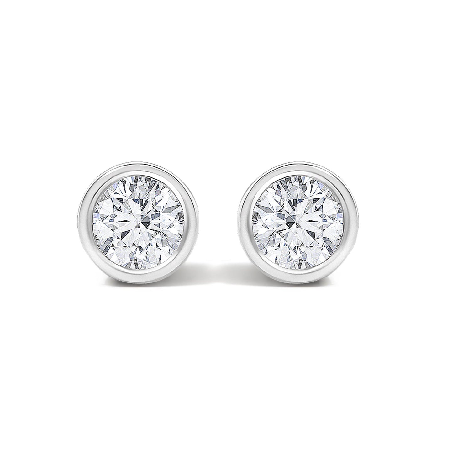Close-up front view of white metal round bezel-set stud earrings with white gemstones, shown on a white background.