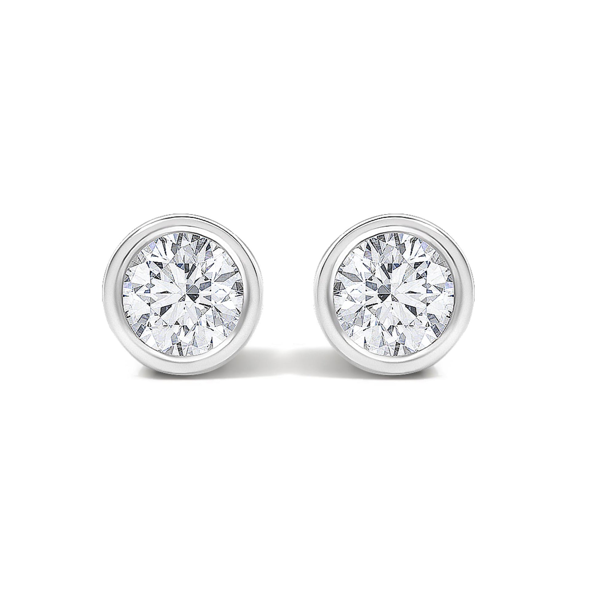 Close-up front view of white metal round bezel-set stud earrings with white gemstones, shown on a white background.