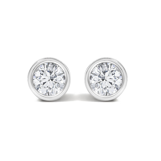 Close-up front view of white metal round bezel-set stud earrings with white gemstones, shown on a white background.