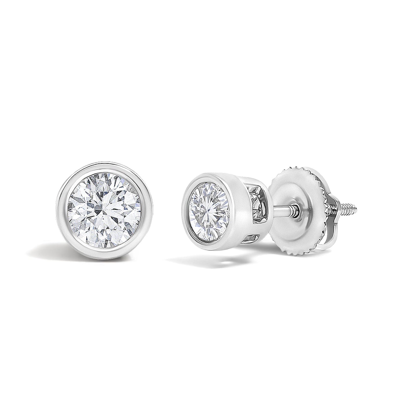 Pair of white metal stud earrings with round white gemstones in bezel settings, shown in a close-up angled view.