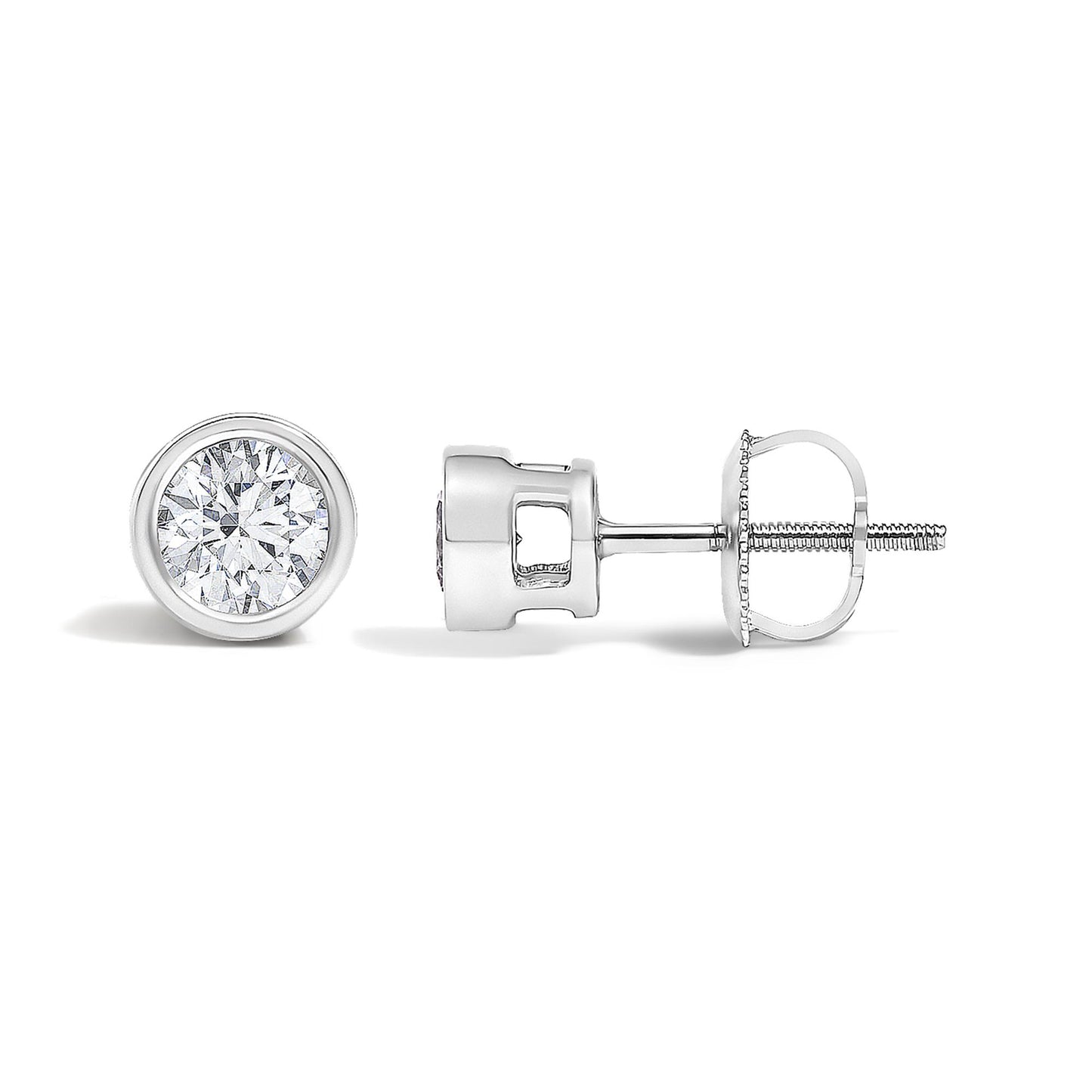Pair of white stud earrings with round white gemstones in bezel settings, shown from front and side angles on a white background.